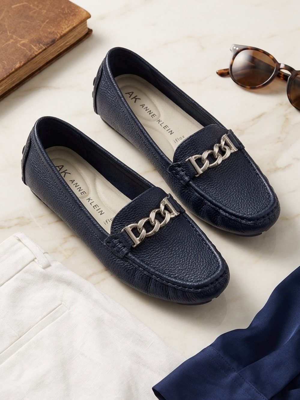 Anne Klein iFlex Silvee Blue Pebbled Leather Chain Loafer 7.5 - Picture 1 of 8
